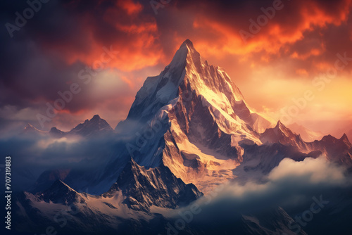 Mountain landscape with snow covered peaks at sunset