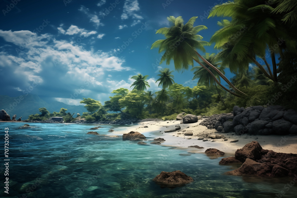 Tropical beach with palm trees and blue sea. Tropical paradise