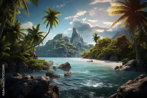 Tropical beach with palm trees and blue sea against the backdrop of an extinct volcano photo