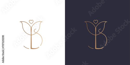 Letter L and B logo flower and heart monogram, circle, minimal style identity initial logo mark. Golden gradient vector emblem logotype for business cards initials. photo