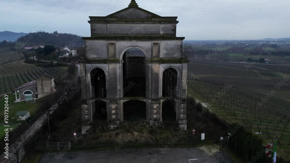 Brendola Incompiuta Cathedral, Vicenza Italy. Aerial view of the church on a cloudy afternoon. Brendola Incompiuta Cathedral, Vicenza Italy. Aerial view of the church on a cloudy afternoon.