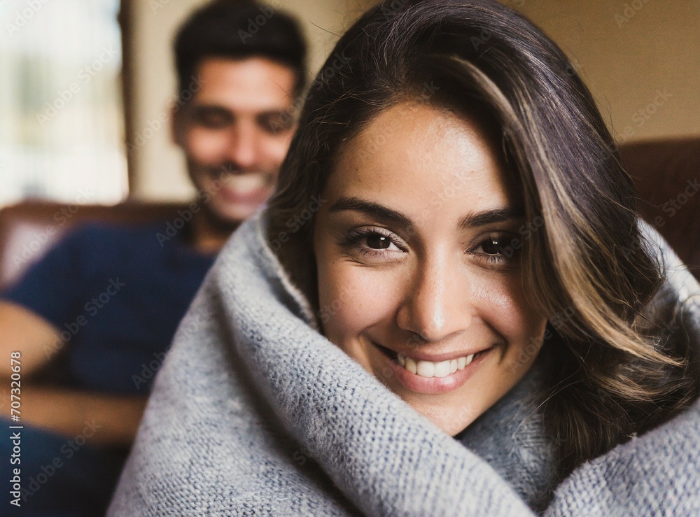 Φωτογραφία Latin couple on the sofa at home on winter season, smiling Latin woman funny smi