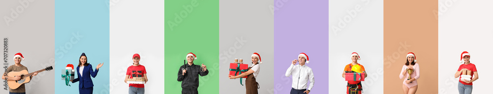 Set of young woman and man in uniforms of different professions on color background.Christmas celebration Set of young woman and man in uniforms of different professions on color background.Christmas celebration