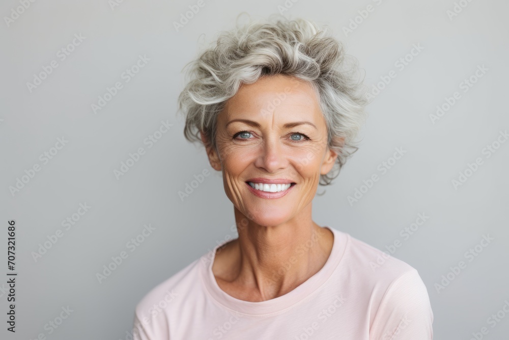 Portrait of a happy senior woman smiling at the camera over grey background