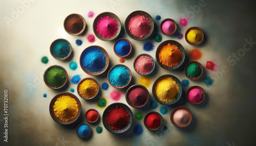 Top view of various vibrant Holi color powders beautifully presented in traditional bowls against a textured background.Holi festival promotions,creative event posters,vibrant advertisements.