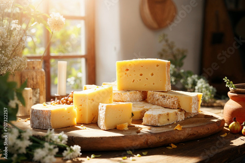 Generative AI illustration of selection of gourmet cheeses arranged on wooden board bathed in the warm glow of sunlight filtering through photo