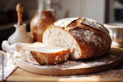 Generative AI illustration of sourdough bread with a golden crust on a wooden cutting board with a slice cut off in a homey kitchen setting photo