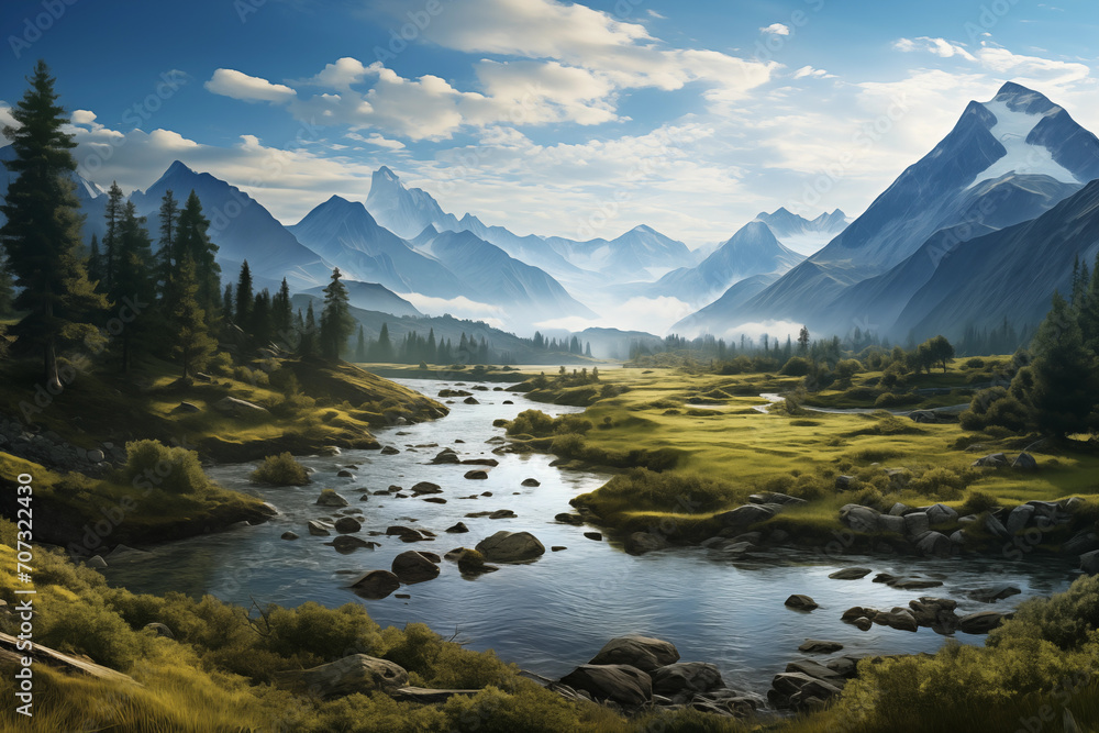 Beautiful peaceful landscape with mountain river and blue sky.