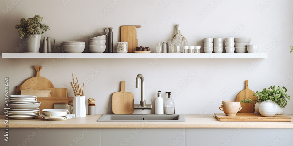 Modern stylish Scandinavian kitchen interior with kitchen accessories. AI Generative.