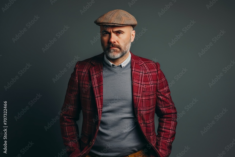 Portrait of a stylish mature man in a plaid jacket and a beret. Portrait of a stylish mature man in a plaid jacket and a beret.