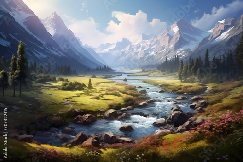 Blooming mountain valley with a fast river against the backdrop of high snow-capped mountains and the rays of dawn