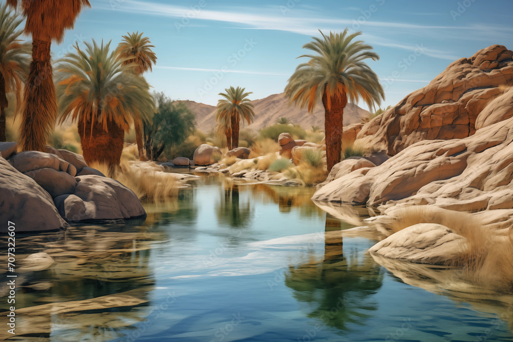 Landscape painting of an oasis with date palms in the African desert Landscape painting of an oasis with date palms in the African desert