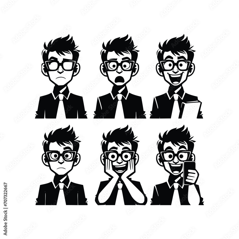 set of geek man face silhouette vector black and white set of geek man face silhouette vector black and white
