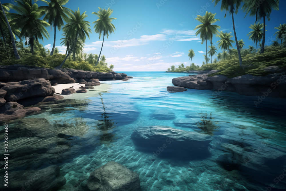 Beautiful peaceful seascape with palm trees and blue sea. Tropical paradise Beautiful peaceful seascape with palm trees and blue sea. Tropical paradise