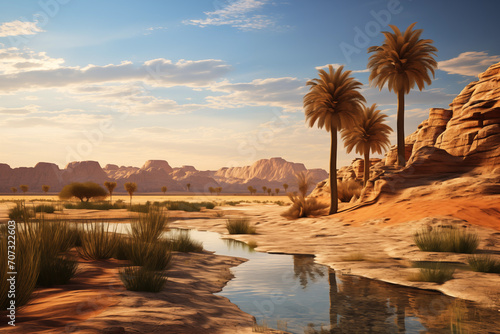 Beautiful desert landscape with palm trees and river in the morning sun