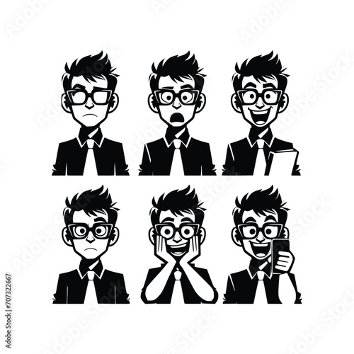 set of geek man face silhouette vector black and white