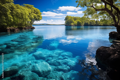 Turquoise water of a lagoon on a tropical island against a blue sky with white clouds