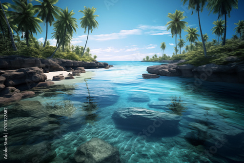 Beautiful peaceful seascape with palm trees and blue sea. Tropical paradise