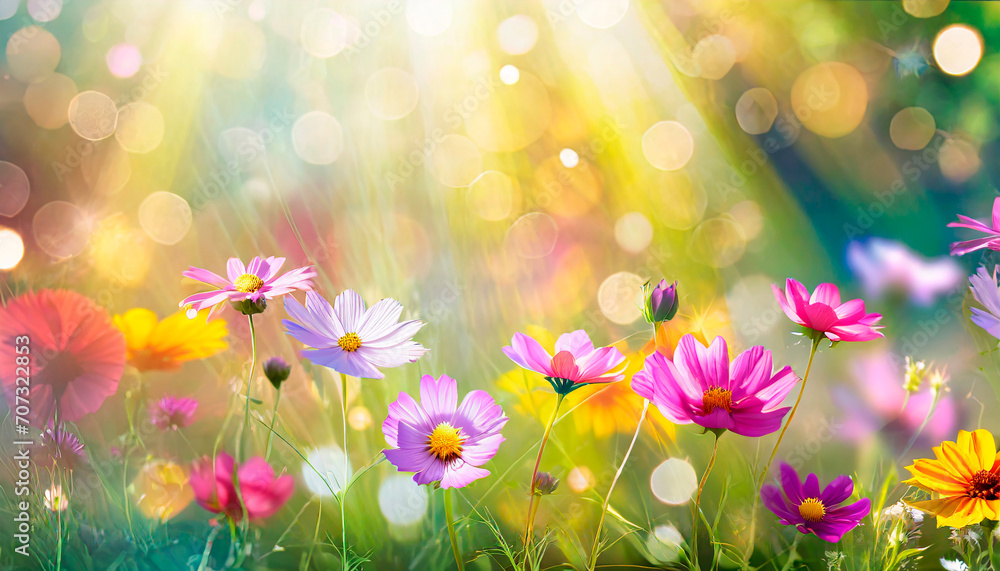 Colorful flower meadow with sun rays and bokeh lights in summer - natural background. AI Generated Colorful flower meadow with sun rays and bokeh lights in summer - natural background. AI Generated