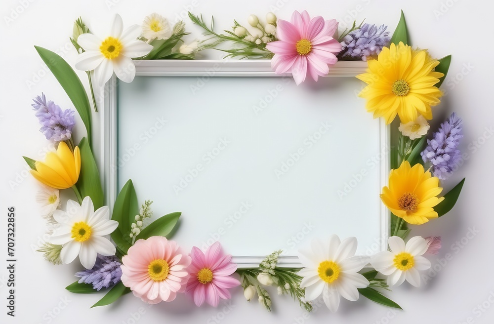 Frame of flowers on white marble background with blank space for text. Top view, flat lay. Frame of flowers on white marble background with blank space for text. Top view, flat lay.