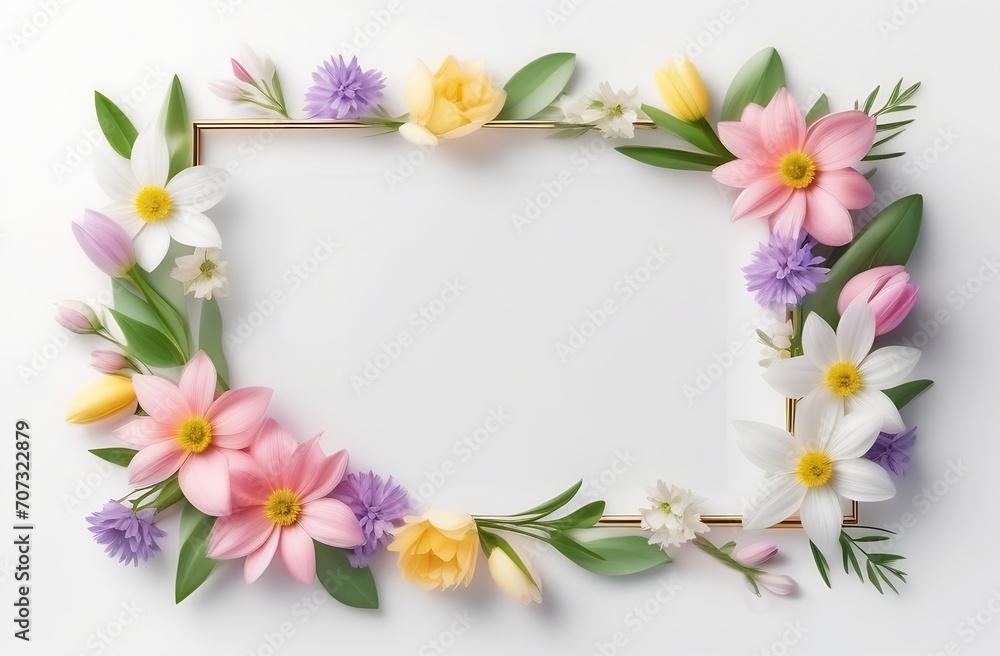 Frame of flowers on white marble background with blank space for text. Top view, flat lay. Frame of flowers on white marble background with blank space for text. Top view, flat lay.