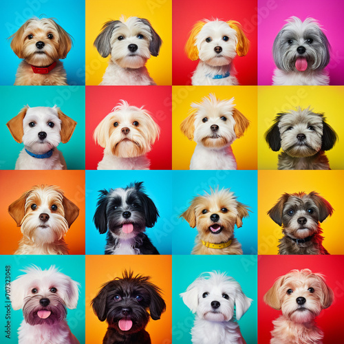 Various dog portraits on colorful backgrounds.