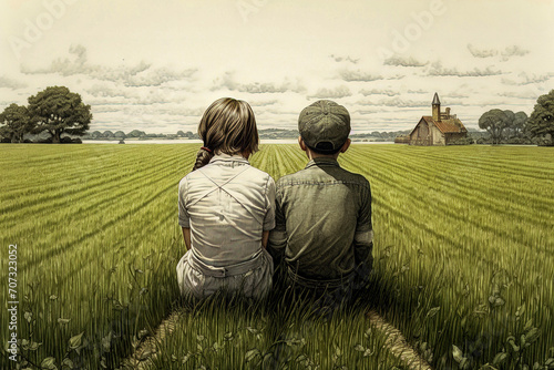 Generative AI image of children sitting closely together in a lush green field with a rustic church in the distance under a cloudy sky photo