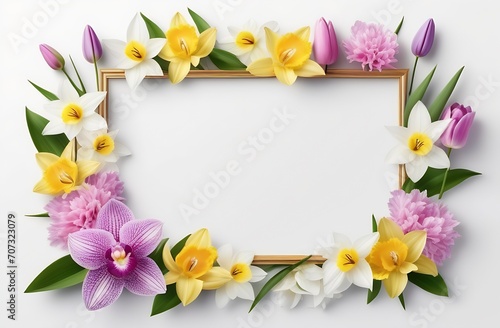 Wallpaper Mural Frame of flowers on white marble background with blank space for text. Top view, flat lay. Torontodigital.ca
