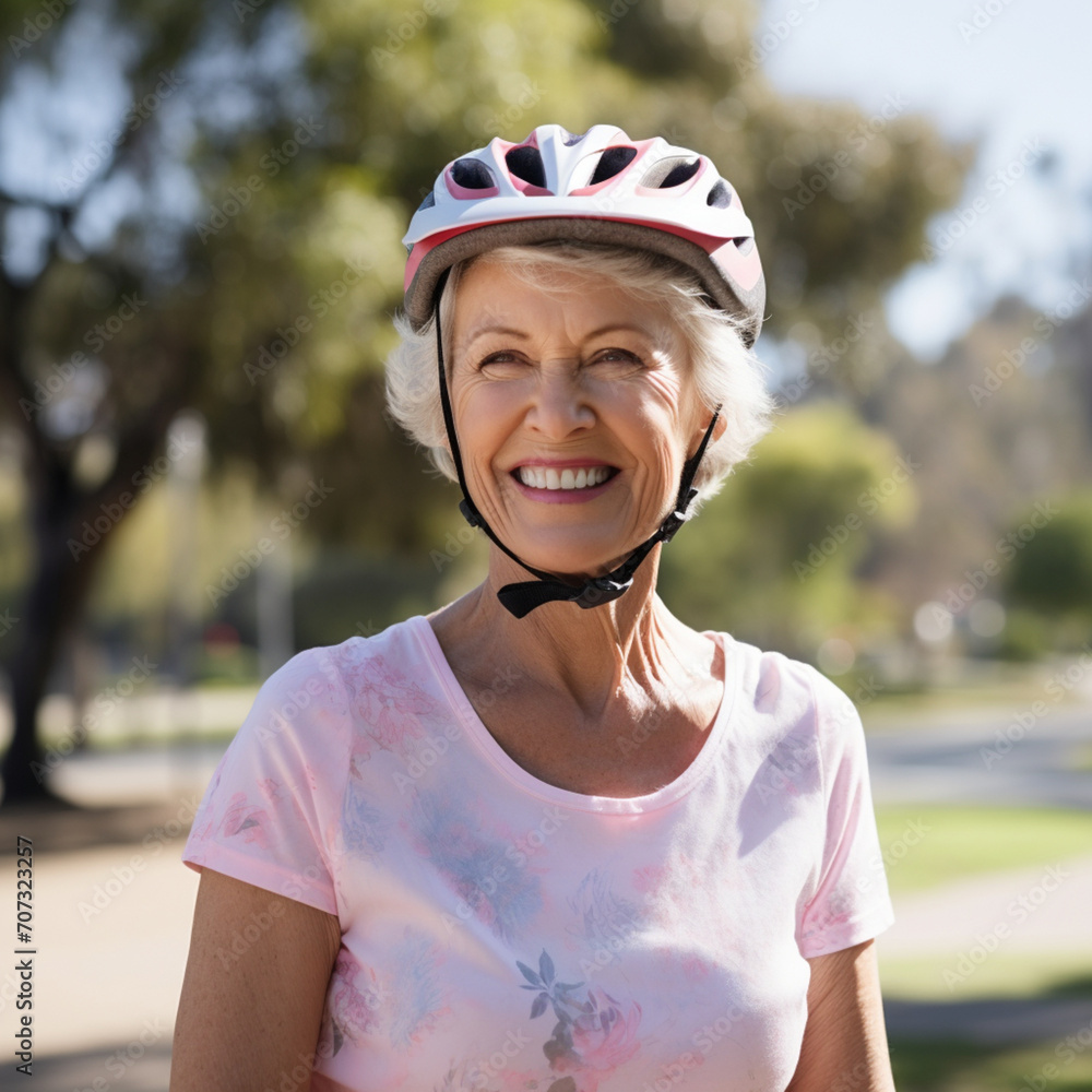Senior woman with bike helmet in the park. Senior woman with bike helmet in the park.