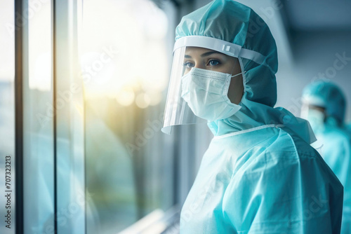 Healthcare worker in protective gear looking out a window. Generative AI image photo