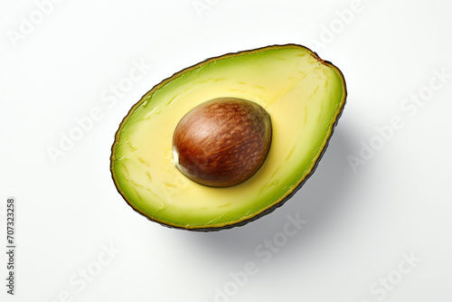 A single, perfectly sliced avocado placed against a clean, white background, showcasing the simplicity and elegance of this nutritious vegetable.