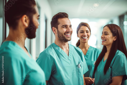 Smiling medical staff in hospital corridor. Generative AI image photo