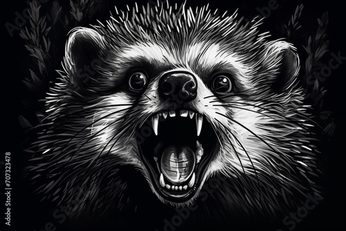 Close-up of the head of a raccoon ready to attack roar angry black and white illustrated hand drawn wild animal in monochrome style ai, generative, generative ai