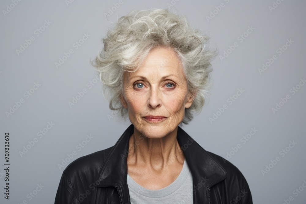Portrait of a senior woman in leather jacket, isolated on grey background