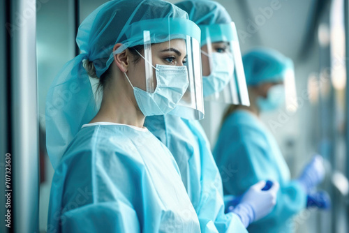 Female medical staff in protective gear in hospital corridor. Generative AI image photo