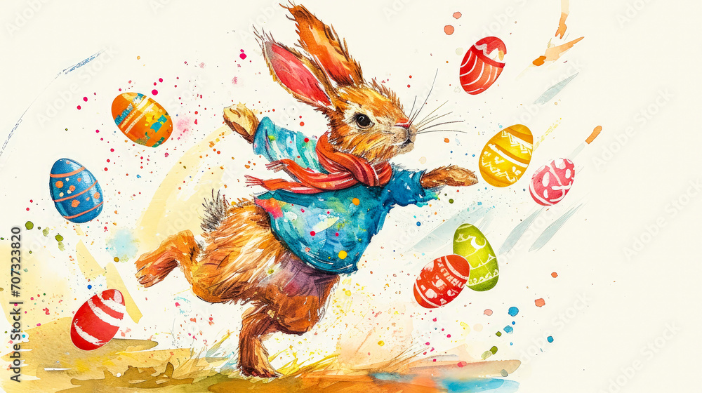 Obraz premium Jumping red fluffy bunny and easter colorful eggs on along spring grass. Main conceptual symbols of Easter. Watercolor drawing. Copy space.