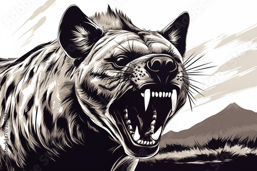 Close-up of the head of a hyena angry ferocious and mean ready to attack roar angry black and white illustrated hand drawn wild animal in monochrome style ai, generative, generative ai