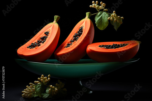 A clean and minimalistic presentation of sliced papaya, emphasizing the fruit's tropical vibrancy against a serene and uncluttered background.