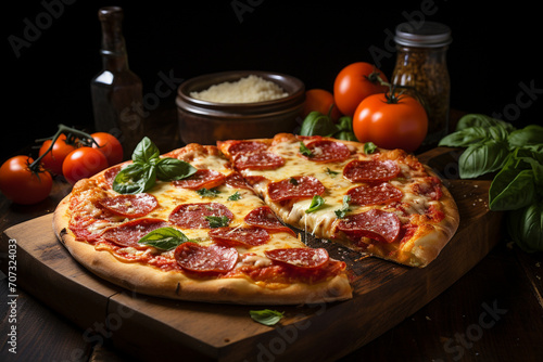 A mouthwatering display of a classic pepperoni pizza, with bubbling cheese and a perfectly golden crust, creating a visually satisfying and appetizing composition.