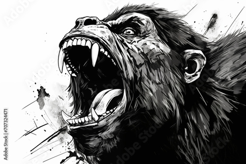 Close up of the head of a monkey ape angry ferocious and mean ready to attack roar angry black and white illustrated hand drawn wild animal in monochrome style ai, generative, generative ai