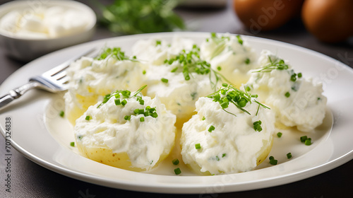 potatoes with white creamy cottage cheese, sprinkled with chives