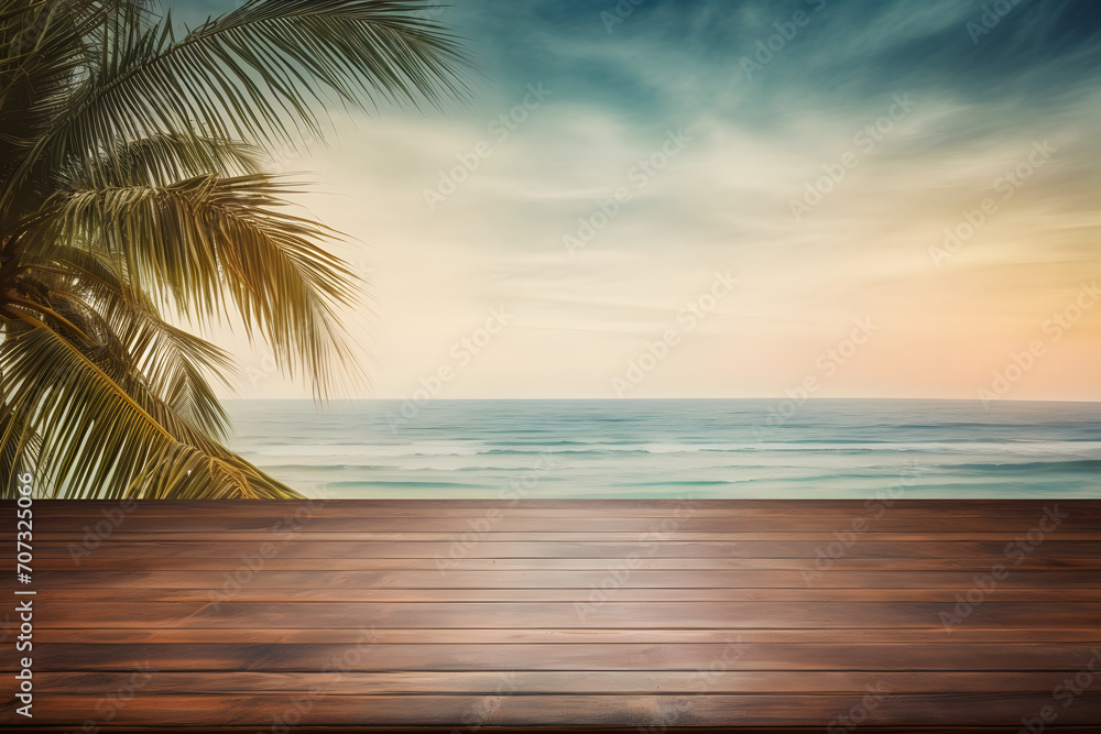 Wood table top on blur tropical beach background - can be used for display or montage your products