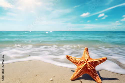 Starfish on the beach with blue sky and sea background. Summer vacation concept.