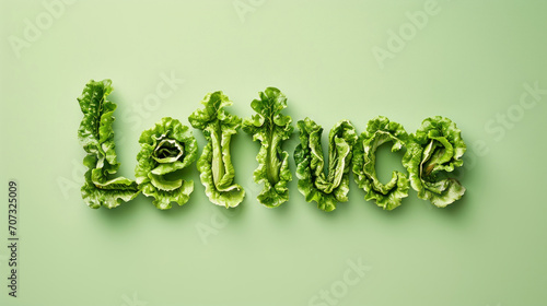 A word "lettuce" formed with fresh green lettuce leaves, rich in texture and color, on a soft green background.