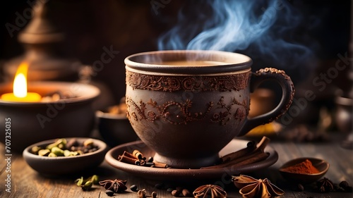 cup of tea, A shot of a steaming cup of chai tea with aromatic spices cup of hot tea cup of hot tea with sticks