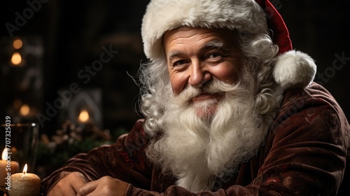 Close-up portrait of an adorable and jolly Father Christmas, also known as Santa Claus, with a big smile and rosy cheeks