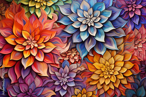 Vivid pattern with multicolored dahlias orange, blue, purple, yellow flowers