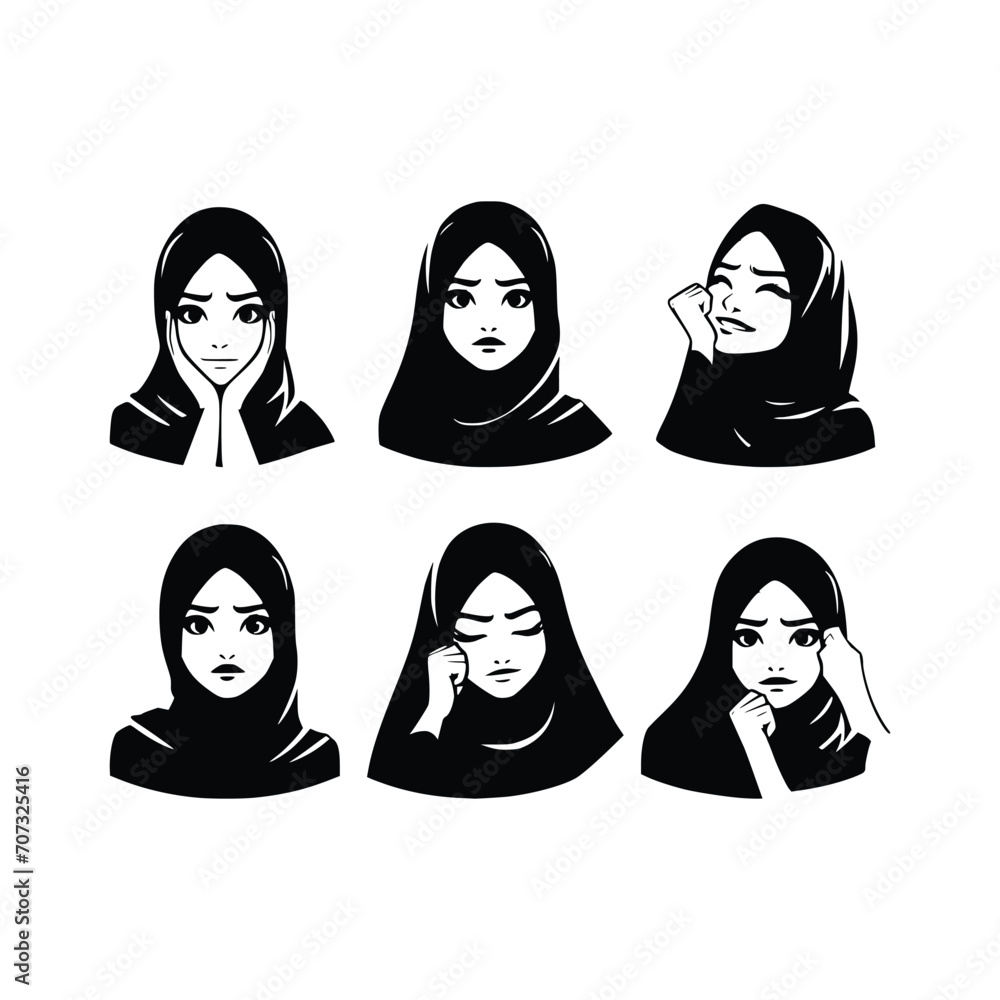 set of muslim girl face with hijab silhouette vector black and white set of muslim girl face with hijab silhouette vector black and white