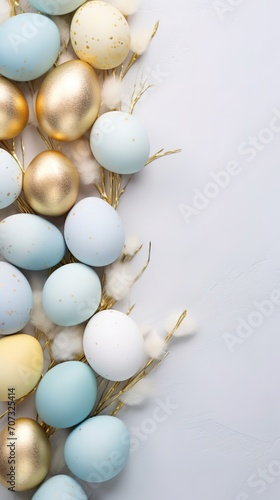 Pastel blue and gold Easter eggs adorned with golden soft background for festive celebrations, copyspace for text.