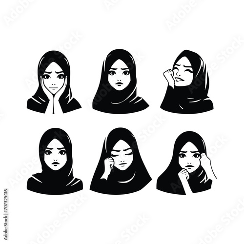 set of muslim girl face with hijab silhouette vector black and white